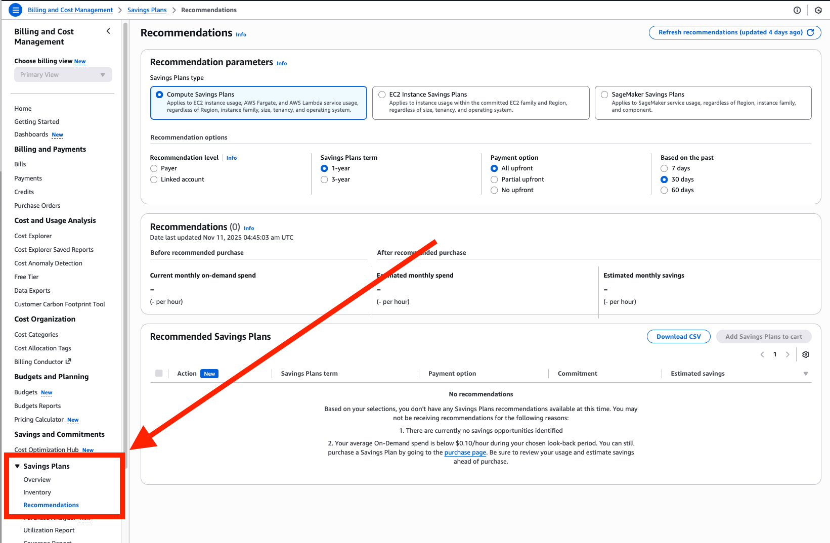 AWS Cost Explorer Savings Plans recommendations view